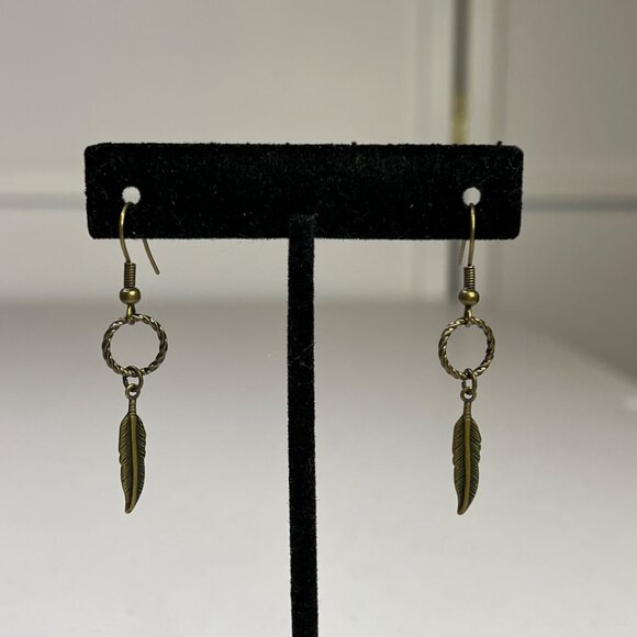 Bronze Feather Drop Earrings With Twisted Ring Design - Picture 4 of 8